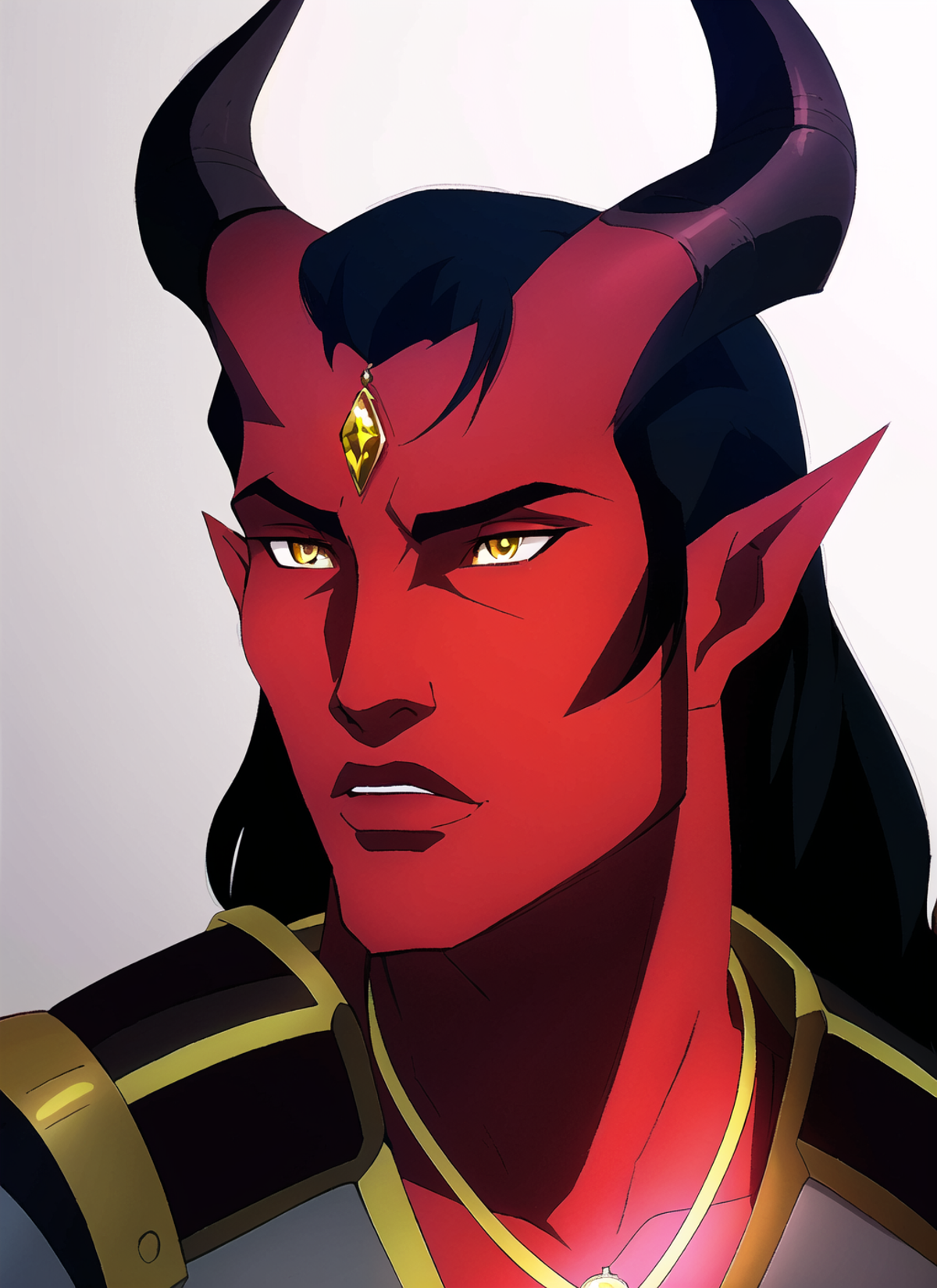 Tiefling, solo, horns, pointy ears, male focus, black hair, male, long hair, jewelry, yellow eyes, colored skin, necklace,...